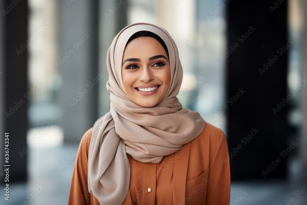 portrait of smiling muslim woman in hijab looking at camera in office