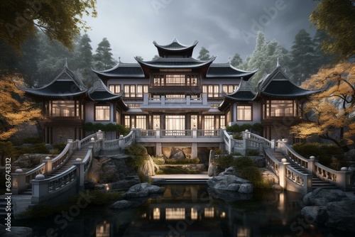 3D illustration of a fictional mansion in Yizheng  China. Generative AI