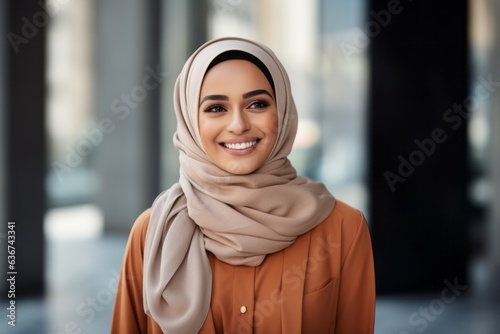 Obraz na płótnie portrait of smiling muslim woman in hijab looking at camera in office w salonie
