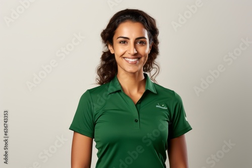Portrait of beautiful young woman in green polo shirt smiling at camera