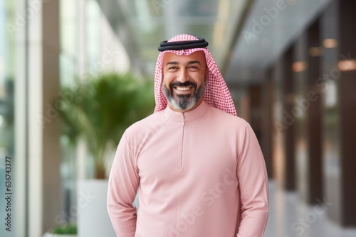 Arabic man with beard and mustache in a modern office building.