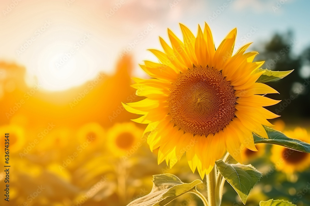 Obraz premium Wonderful view field of sunflowers by summertime. Summer landscape, beauty sunset over sunflowers field.