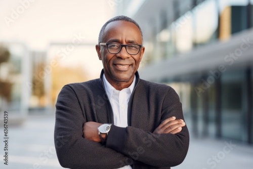 Portrait of a Nigerian man in his 60s in a modern architectural background wearing a chic cardigan