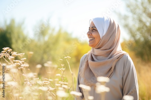 Portrait of a beautiful muslim woman wearing hijab smiling at the camera in the field
