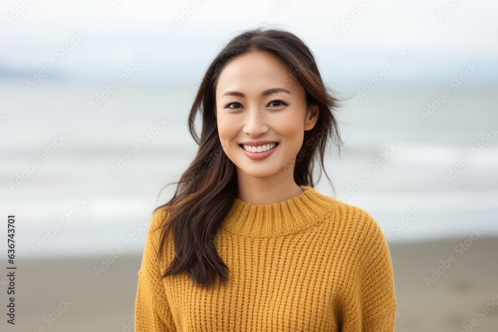 Portrait of a beautiful asian woman smiling at the camera on the beach Portrait of a beautiful asian woman smiling at the camera on the beach