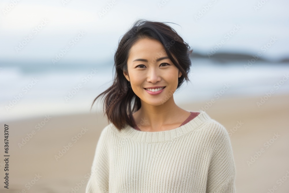 Portrait of smiling young woman standing on beach at the day time Portrait of smiling young woman standing on beach at the day time