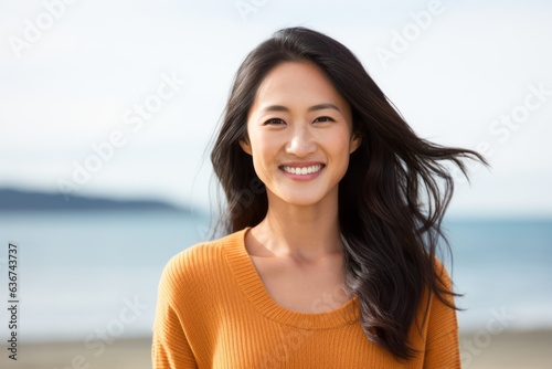 Portrait of a beautiful young asian woman smiling at the beach