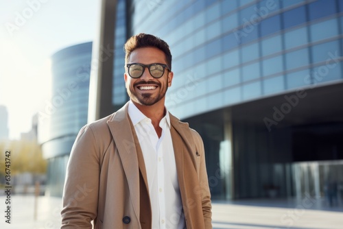 Portrait of a Saudi Arabian man in his 30s in a modern architectural background wearing a chic cardigan
