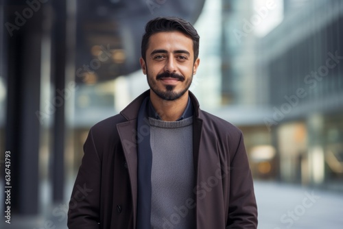 Portrait of a Saudi Arabian man in his 30s in a modern architectural background wearing a chic cardigan