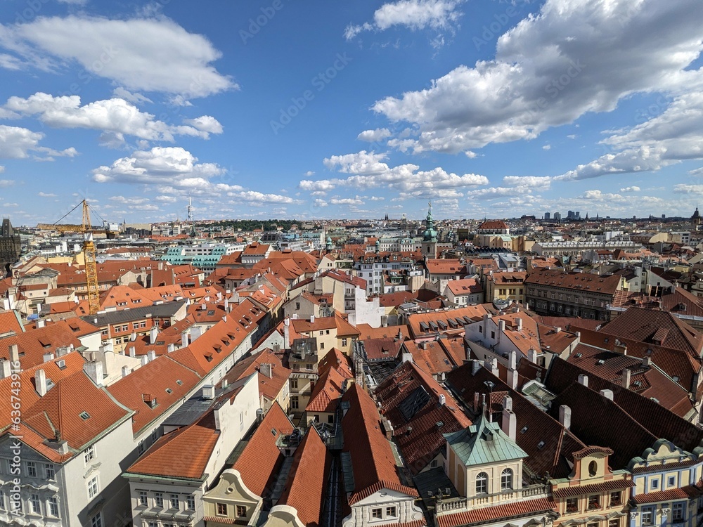 Panorama of the roofs of Prague from the Clock Tower, Czech Republic - August 2023