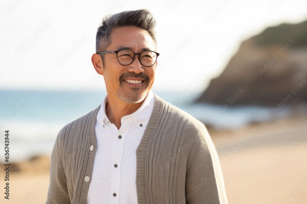 Portrait of smiling mature man wearing eyeglasses at beach during sunny day