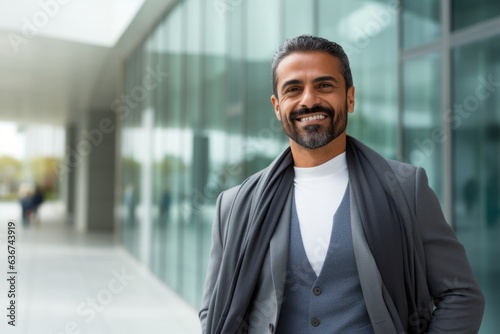 Portrait of a Saudi Arabian man in his 40s in a modern architectural background wearing a chic cardigan