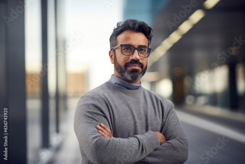 Medium shot portrait of a Saudi Arabian man in his 40s in a modern architectural background wearing a chic cardigan