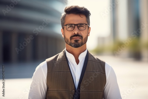 Medium shot portrait of a Saudi Arabian man in his 40s in a modern architectural background wearing a chic cardigan