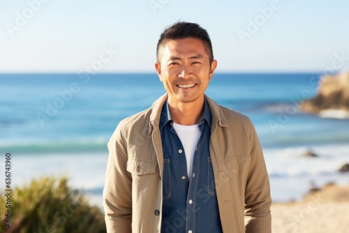 Portrait of a handsome asian man smiling at camera on the beach