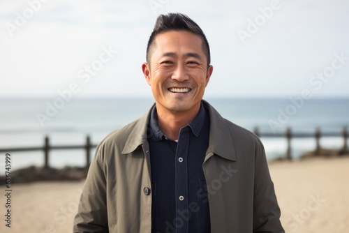 Portrait of happy asian man standing on beach at seaside