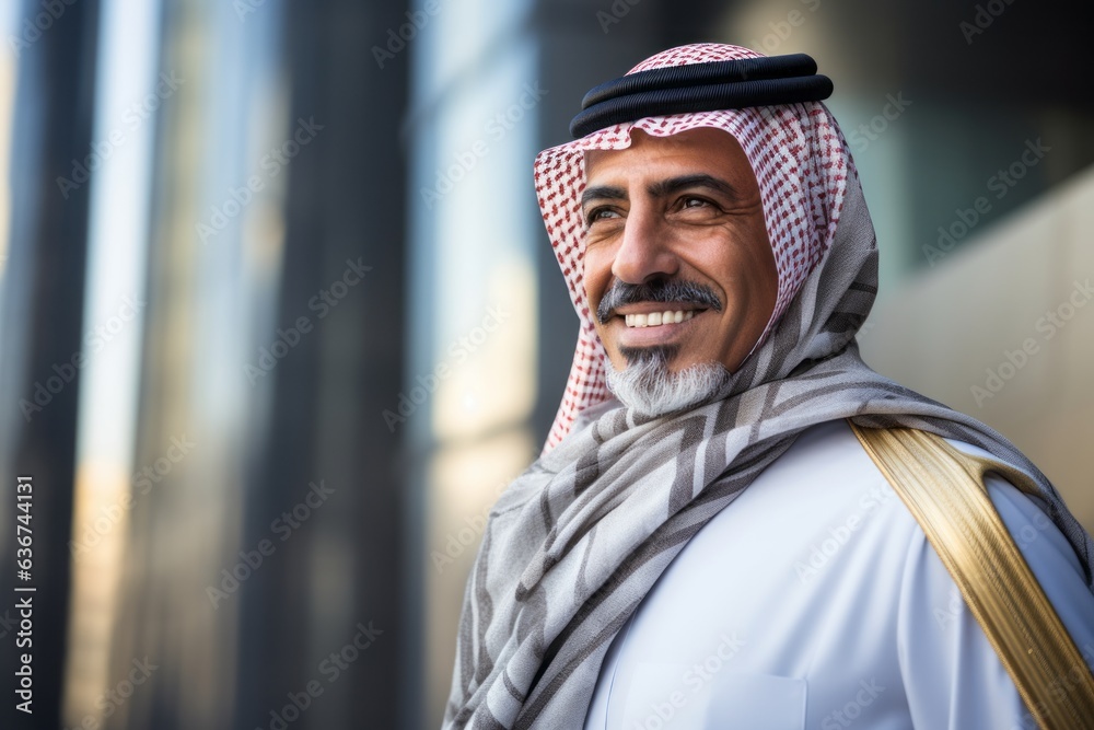 Portrait of a Saudi Arabian man in his 50s in a modern architectural background wearing a foulard
