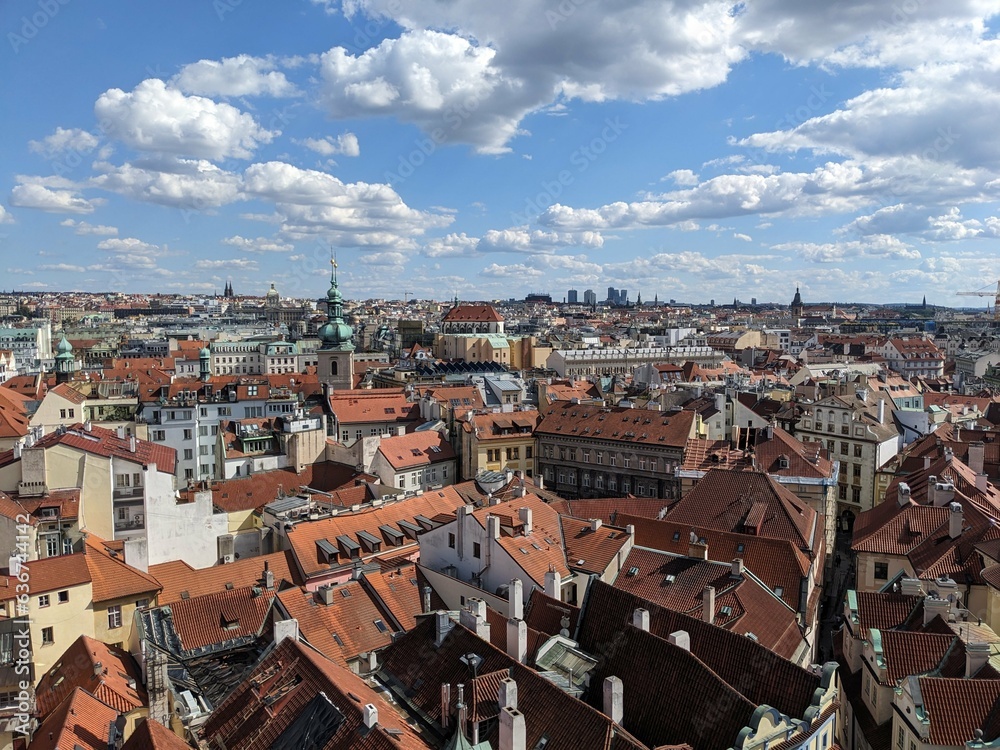 Panorama of the roofs of Prague from the Clock Tower, Czech Republic - August 2023
