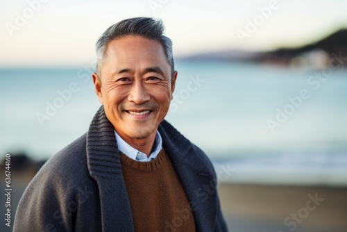 Portrait of smiling senior man standing on the beach during autumn season