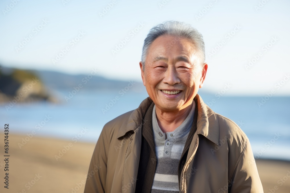 Portrait of happy asian senior man walking on beach in autumn Portrait of happy asian senior man walking on beach in autumn