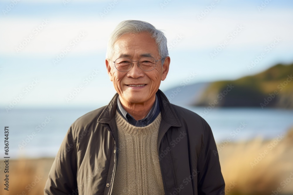 Portrait of happy senior man smiling at camera on beach in autumn