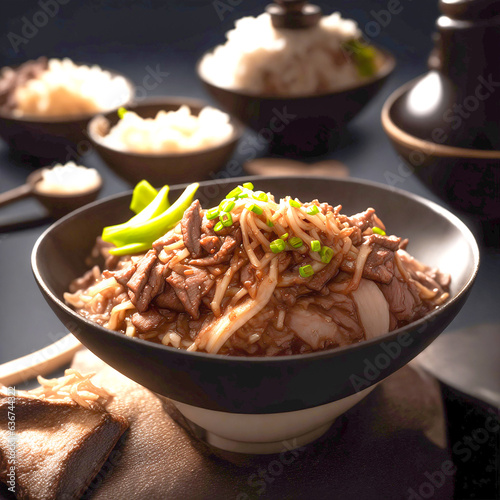 Japanese pork rice bowl with egg and onion (Donburi) served with pickled ginger and green tea on wooden table.