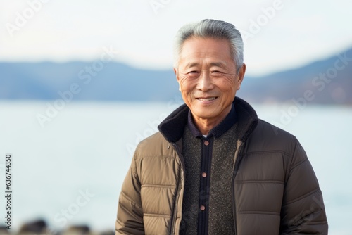 Portrait of an asian senior man standing by the seaside
