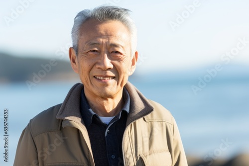 Portrait of happy asian senior man smiling at the camera outdoors