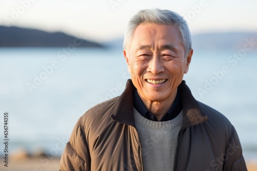 Portrait of happy senior asian man smiling on the beach at sunset