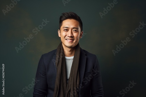 Portrait of a Chinese man in his 30s in an abstract background wearing a chic cardigan