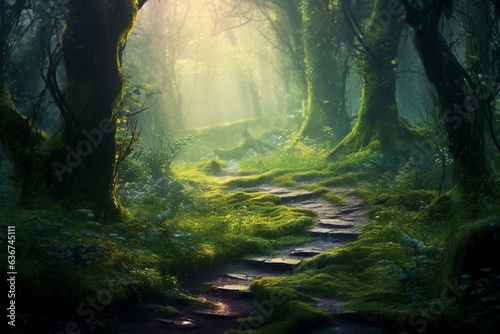 Magical forest path. Generative AI