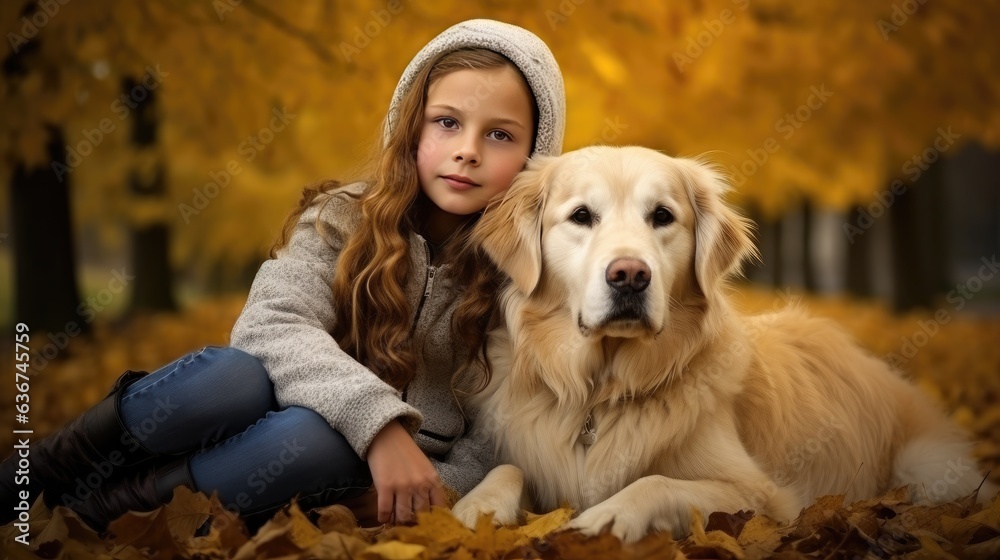 Smiling young girl with walking her beagle dog on an autumns day in autumn forest created with Generative AI technology. Smiling young girl with walking her beagle dog on an autumns day in autumn forest created with Generative AI technology.