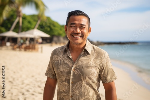 Portrait of happy young Asian man smiling at the beach in summer