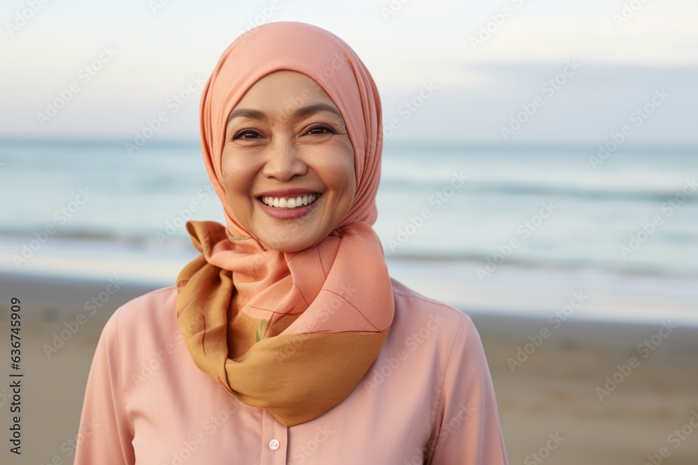Portrait of happy young muslim woman with hijab smiling on the beach