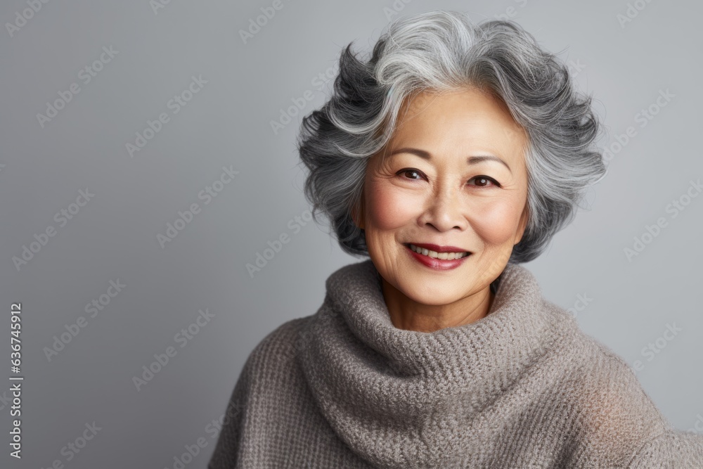 Portrait of a Chinese woman in her 70s in an abstract background wearing a cozy sweater