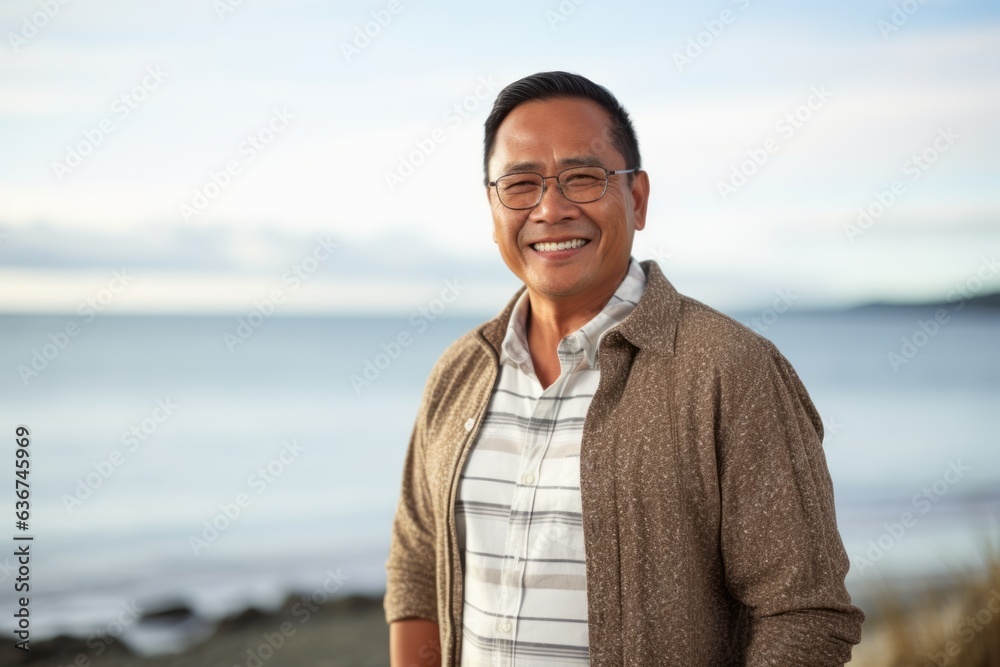 Portrait of a happy asian man standing on the beach looking at camera