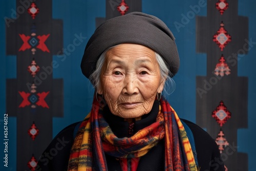 Portrait of a Chinese woman in her 90s in an abstract background wearing a foulard