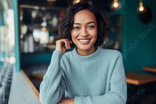 Portrait of a Indonesian woman in her 30s in an abstract background wearing a cozy sweater