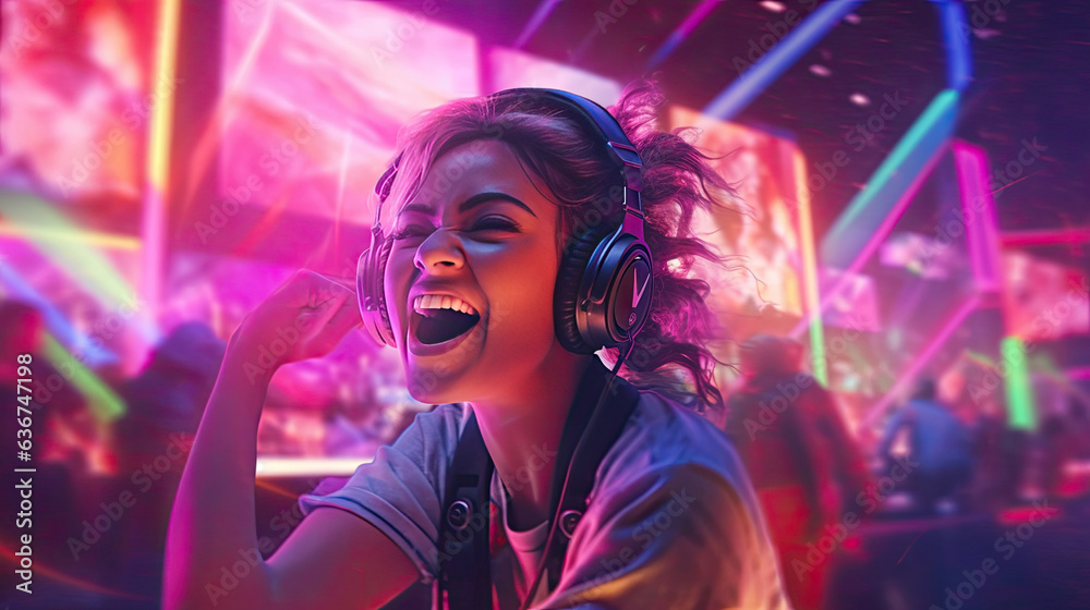 A Female eSports gamer rejoices in the victory in Neon game room background. Generative Ai