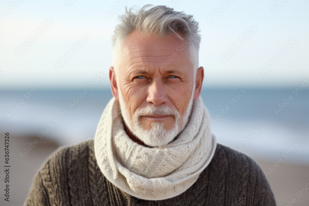 Portrait of senior man wearing scarf on the beach at autumn day Portrait of senior man wearing scarf on the beach at autumn day