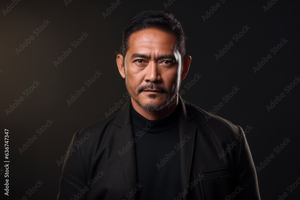 Medium shot portrait of a Indonesian man in his 40s in an abstract background wearing a chic cardigan