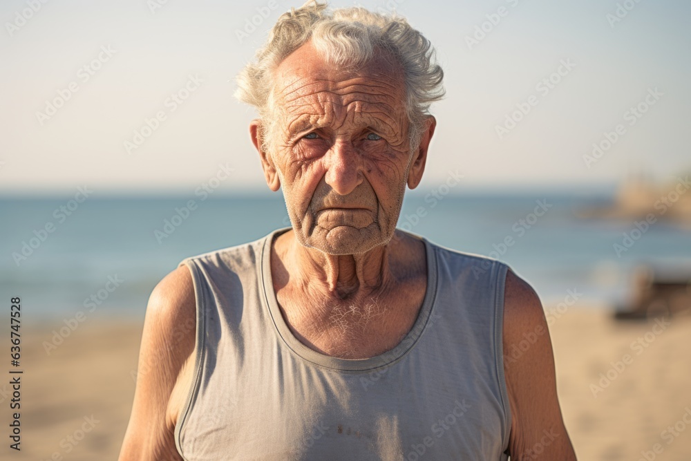 Portrait of an old man with grey hair on the beach.