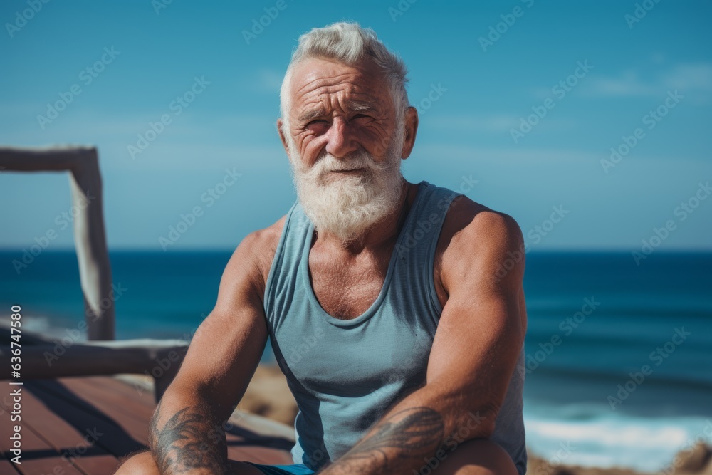 Portrait of a 100-year-old elderly Russian man in a beach background wearing a sporty tank top