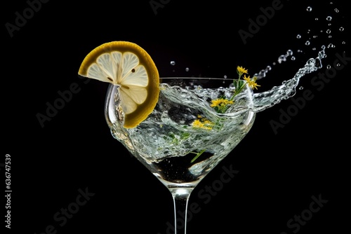 A lemon wedge drops into a splashing gin and tonic cocktail. Generative AI