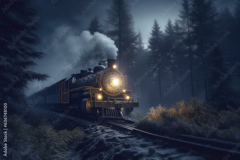 A dark magical forest landscape with a Polar Express train chugging through the foggy night. 3D illustration. Generative AI