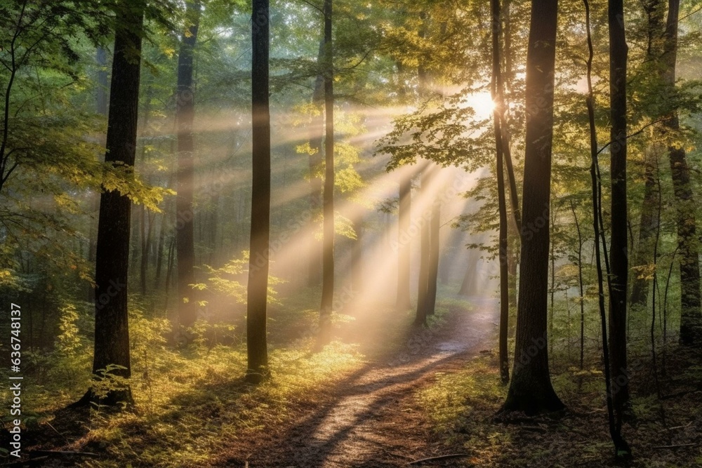 Sun rays shining through trees during morning in the woods. Generative AI