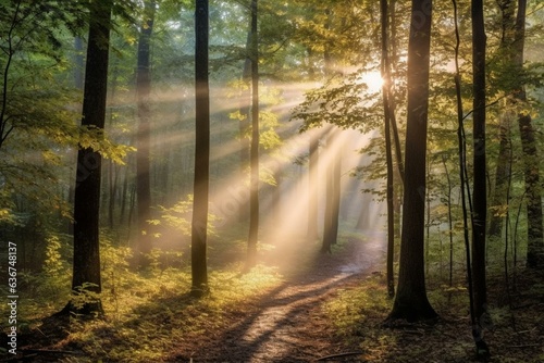 Sun rays shining through trees during morning in the woods. Generative AI