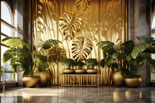 Luxurious gold monstera leaves decorate the interior. Generative AI