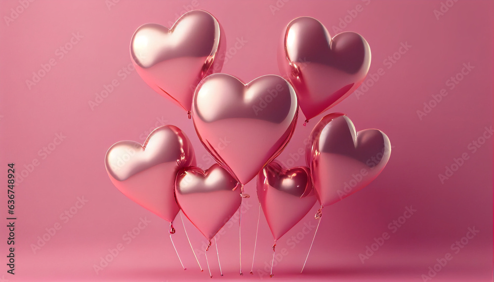 Pink heart shaped helium balloons on pink background. Foil air balloons on pastel pink background. Minimal love concept. Valentine's Day or wedding party decoration, pink heart Ai generated image