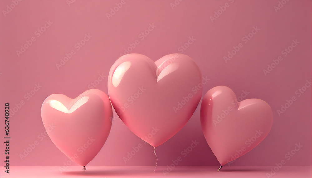 Pink heart shaped helium balloons on pink background. Foil air balloons on pastel pink background. Minimal love concept. Valentine's Day or wedding party decoration, pink heart Ai generated image